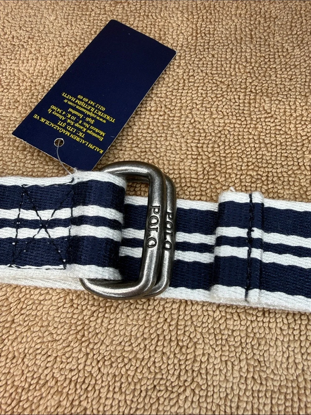 Polo Ralph Lauren Kids Navy White Striped Canvas Web D-Ring Belt Preppy 8-10